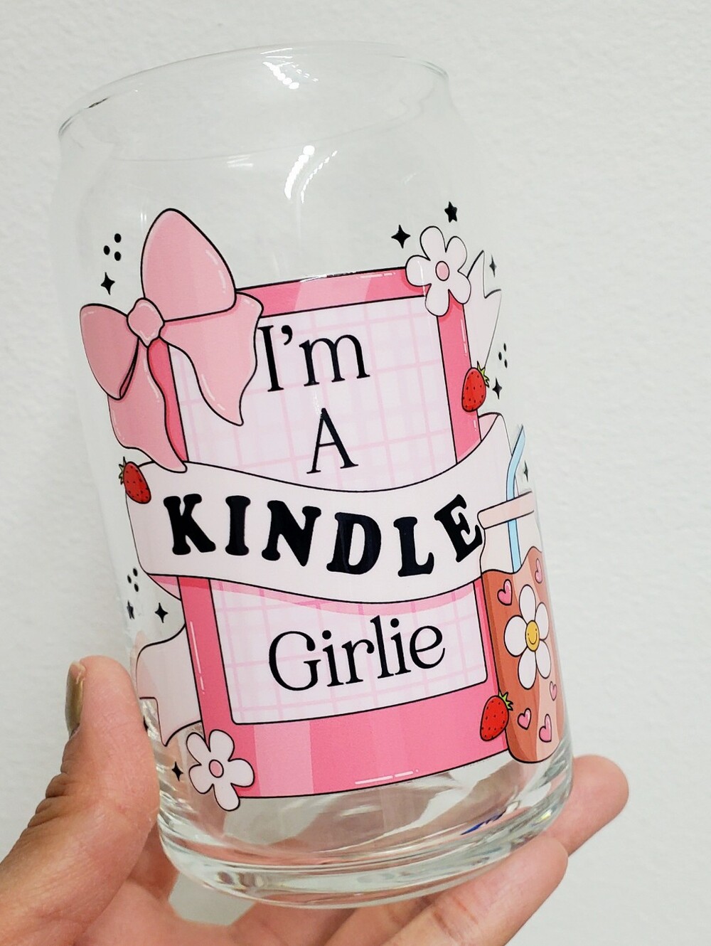 Handmade "I'm A Kindle Girlie" Reader Pink Graphic Beer Can Glass Cold Cup